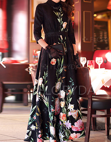  Floral 3/4 Sleeves Maxi Casual Dresses